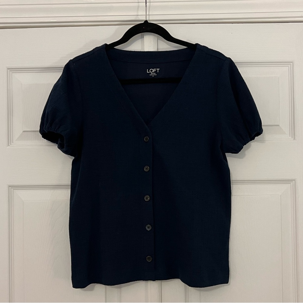 LOFT Short Sleeve Button Front Navy Top- Medium